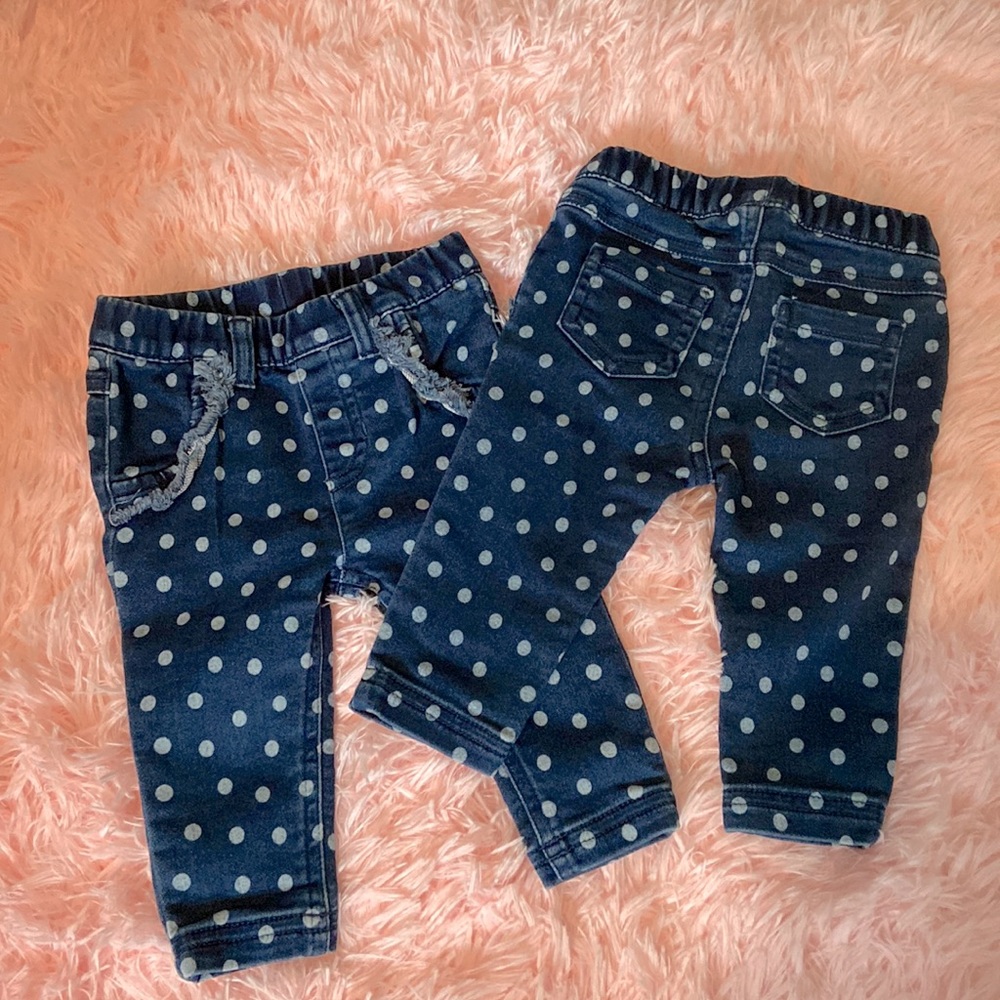 Cat & Jack jeans. Color: Blue Jeans w/ White Polka Dots. Size: 0-3 month.